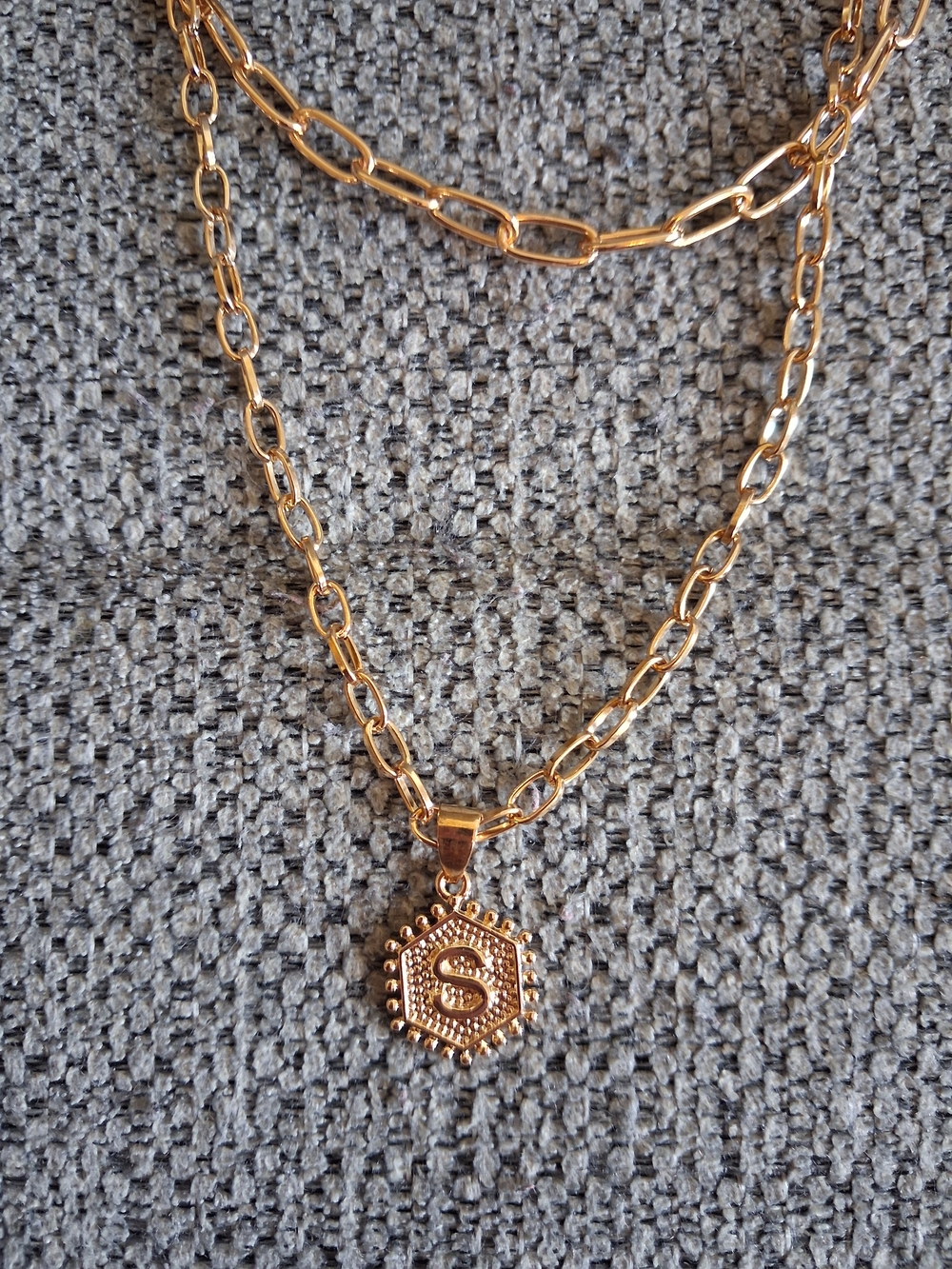 Gold Double-Layer Necklace with 'S' Hexagon Pendant